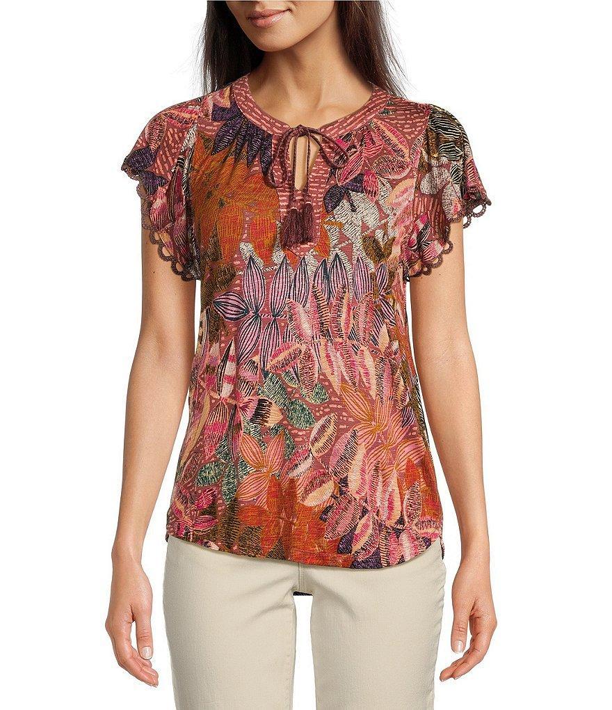 Democracy Chevron Sachet Print Knit Braided Split V-Neck Short Flutter Sleeve Top Product Image