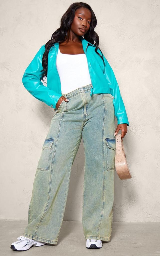 Plus Teal Pu Pocket Detail Casual Jacket Product Image