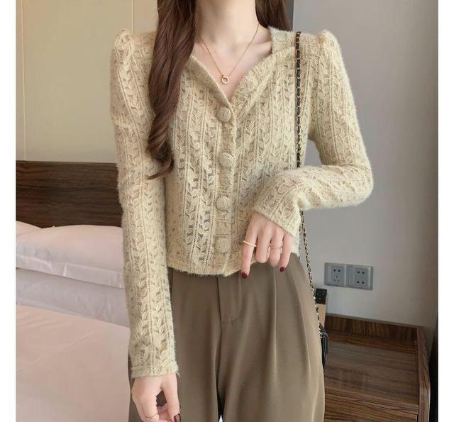 Long-Sleeve V-Neck Plain Lace Cropped Blouse Product Image