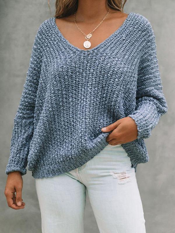 Long Sleeves Loose Solid Color V-Neck Knitwear Pullovers Sweater Tops Product Image