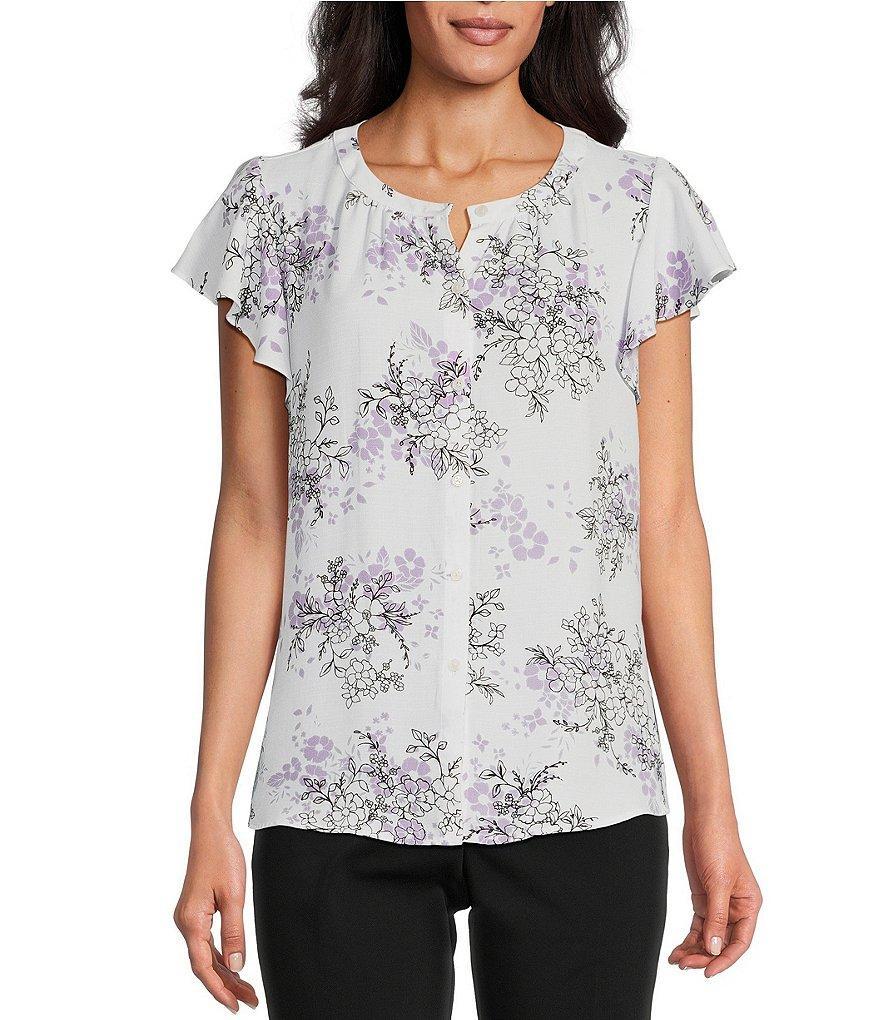 Investments Petite Size Floral Stencil Print Woven Button Front Flutter Cap Sleeve Top Product Image