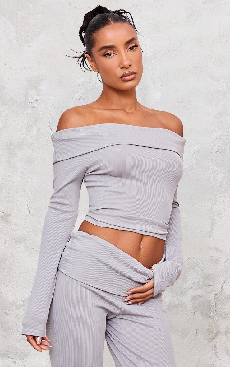 Light Grey Rib Foldover Bardot Flute Sleeve Longline Top Product Image