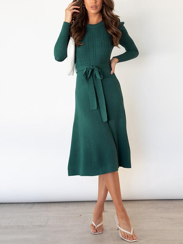 High Waisted Long Sleeves Solid Color Tied Waist Round-Neck Midi Dresses Sweater Dresses Product Image