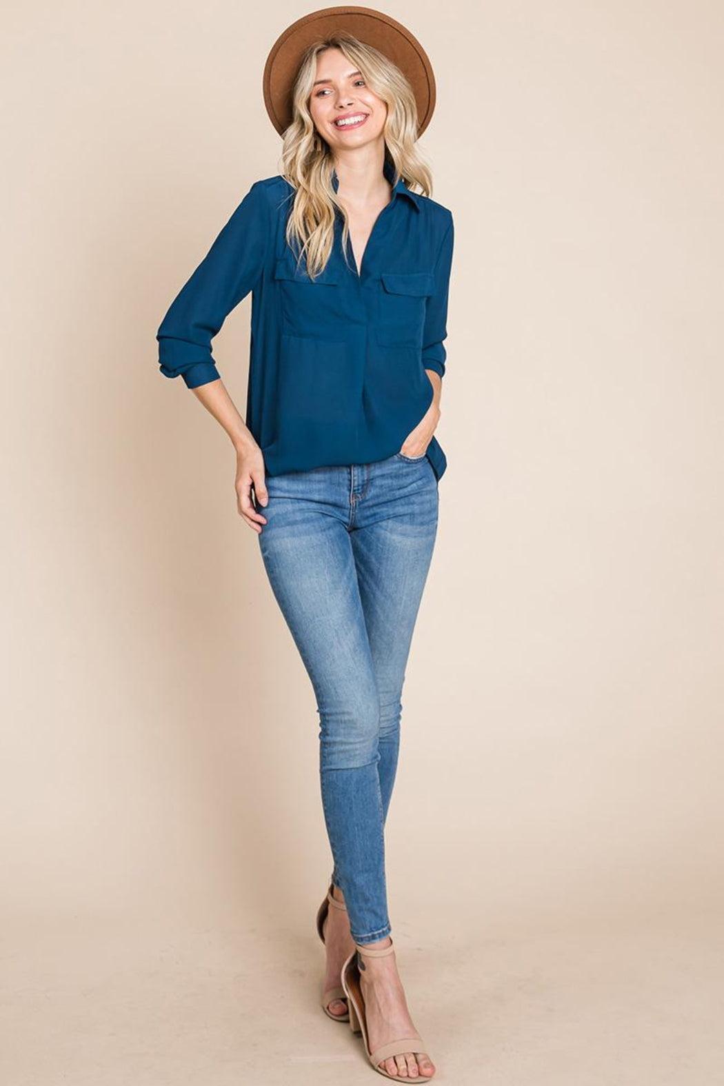 V Neck Collared Pocket Detail Blouse Shirts Female Product Image