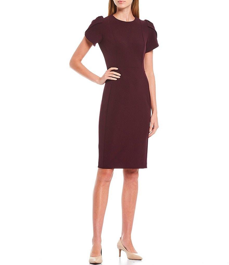 Calvin Klein Crew Neck Short Tulip Sleeve Solid Sheath Stretch Dress Product Image