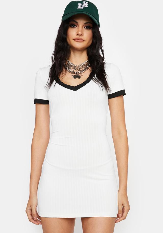 Baseball Ribbed Short Sleeve Dress - White Product Image