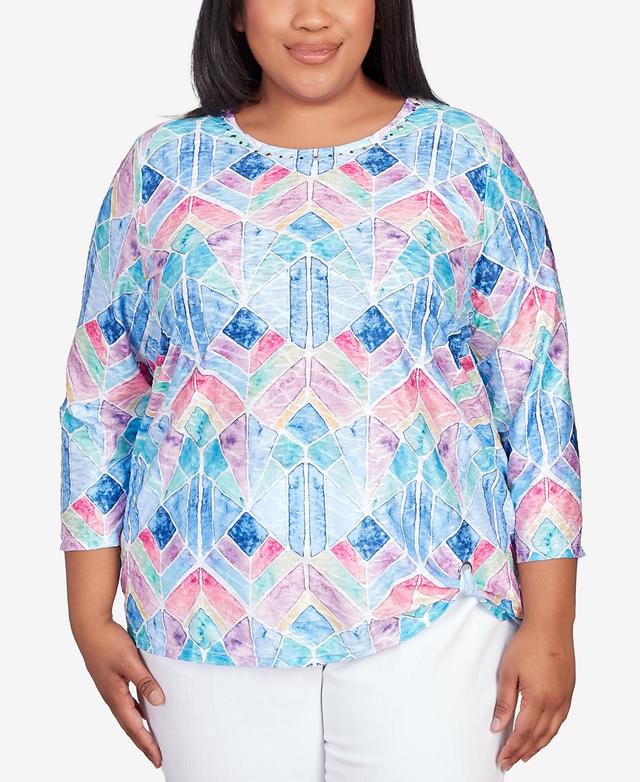 Alfred Dunner Plus Size Classic Denim Stained Glass Grommet Hem Top Product Image