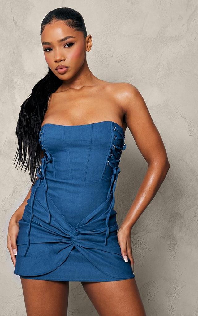 Blue Stretch Woven Bandeau Lace Up Corset Bodycon Dress Product Image