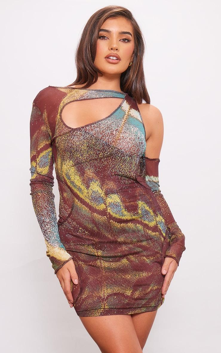 Multi Abstract Print Tie Dye Mesh Double Layer Cut Out Bodycon Dress Product Image