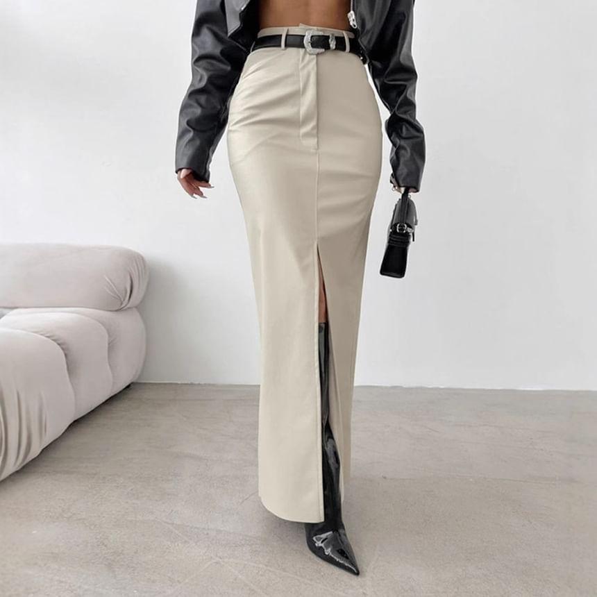 High Waist Plain Slit Faux Leather Maxi Pencil Skirt Product Image