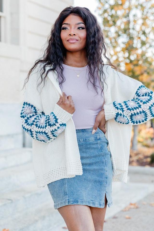 Be Better Ivory and Blue Crochet Sleeve Hooded Cardigan  FINAL SALE Product Image