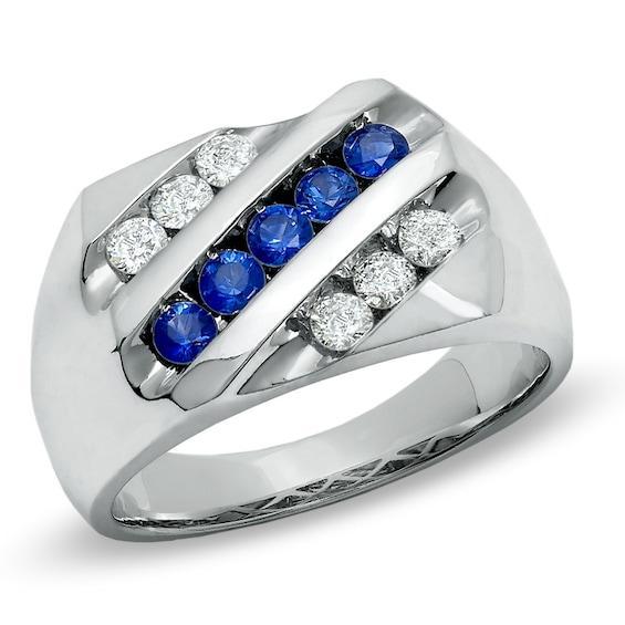 Men's 1/2 CT. T.w. Diamond and Blue Sapphire Slant Band in 14K White Gold Product Image