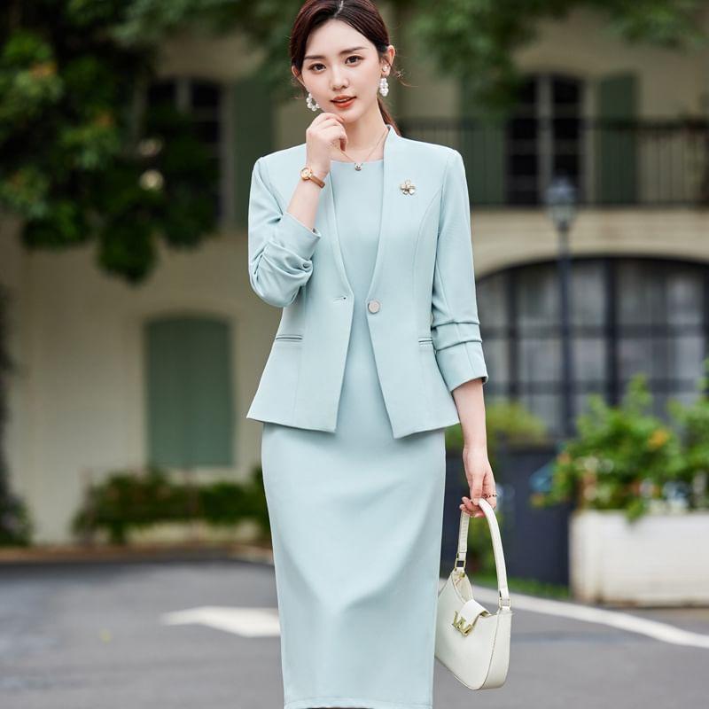 Collarless Plain Single Breasted Blazer / Sleeveless Crew Neck Plain Midi Sheath Dress Product Image