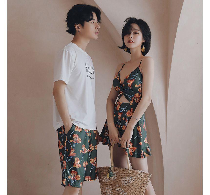 Couple Matching Floral Cutout Swim Dress / Swim Trunks / Short-Sleeve Crew Neck Lettering T-Shirt Product Image