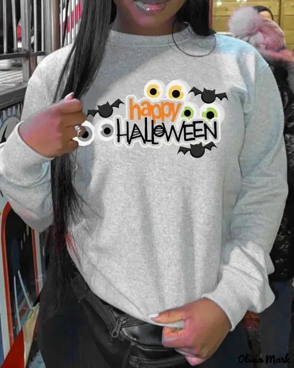 Olivia Mark – Plus Size Halloween Bat Print Long Sleeve Sweatshirt Product Image