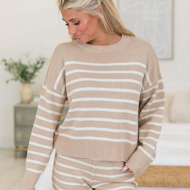 What Goes Around Taupe Striped Sweater Lounge Set Product Image