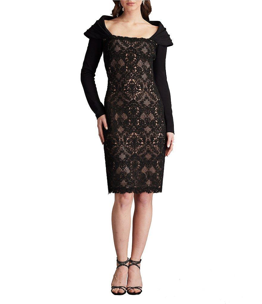 Tadashi Shoji Corded Lace Square Neck Long Sleeve Back Cape Dress Product Image