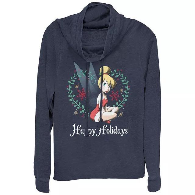 Disneys Tinker Bell Juniors Happy Holidays Heart Wreath Cowlneck Graphic Lightweight Long Sleeve, Girls Blue Product Image