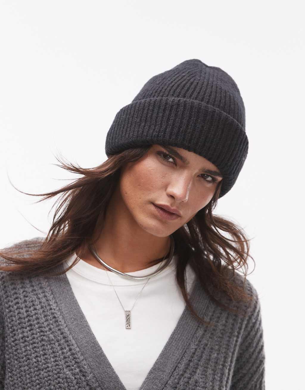 Topshop Henry ribbed beanie in black Product Image