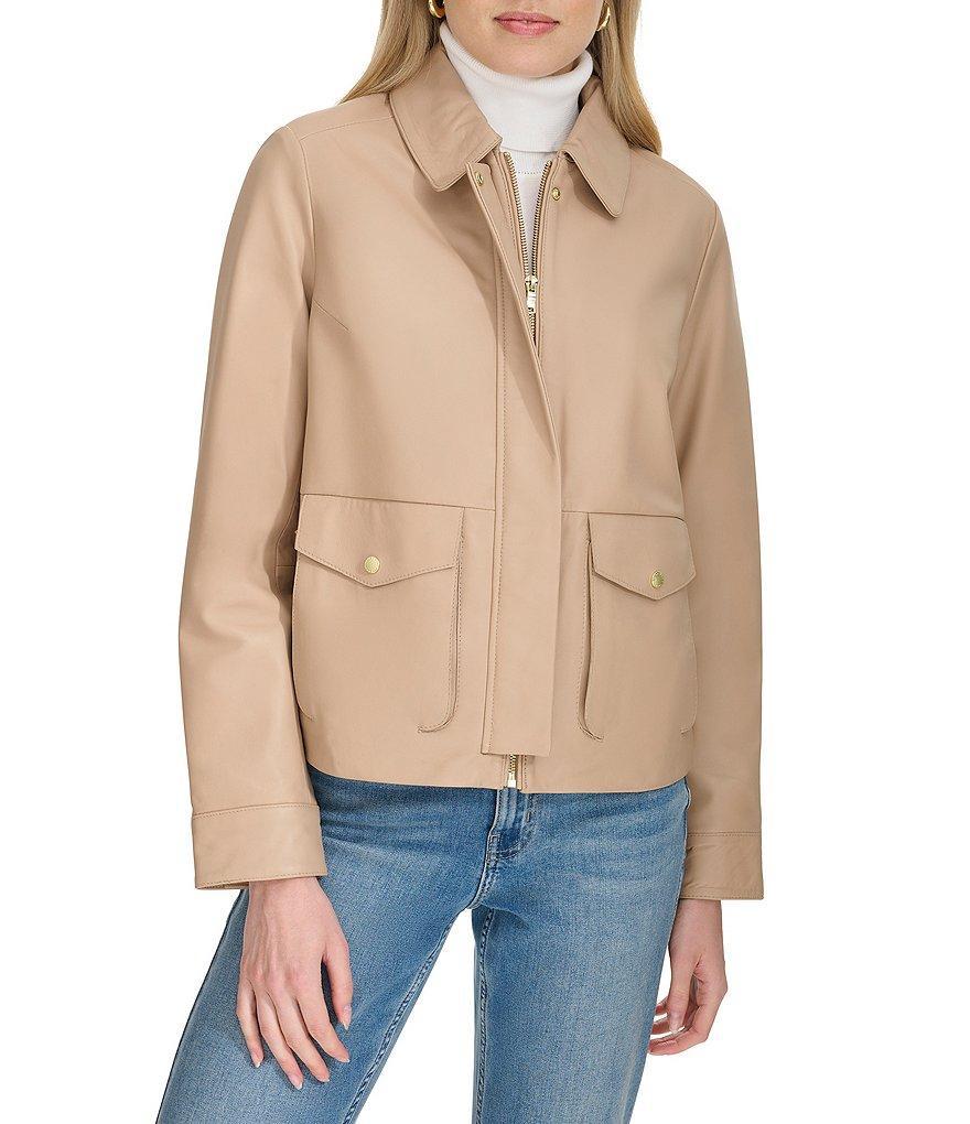 Cole Haan Lamb Skin Leather Point Collar Front Zip Moto Jacket Product Image