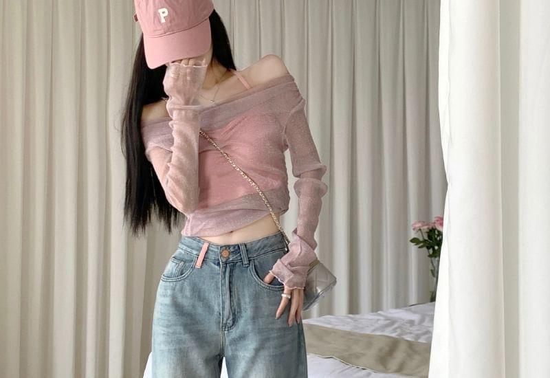 High Rise Fringed Applique Washed Loose Fit Jeans Product Image