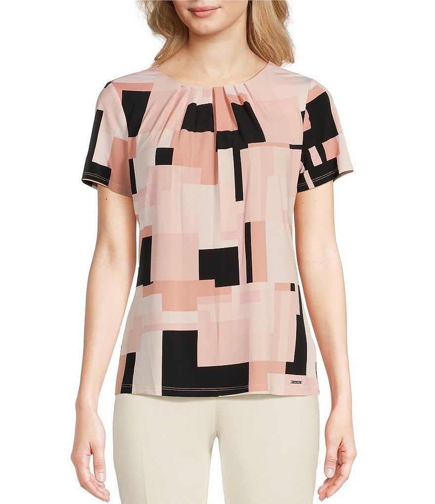 Calvin Klein Geometric Print Pleated Crew Neck Short Sleeve Top Product Image