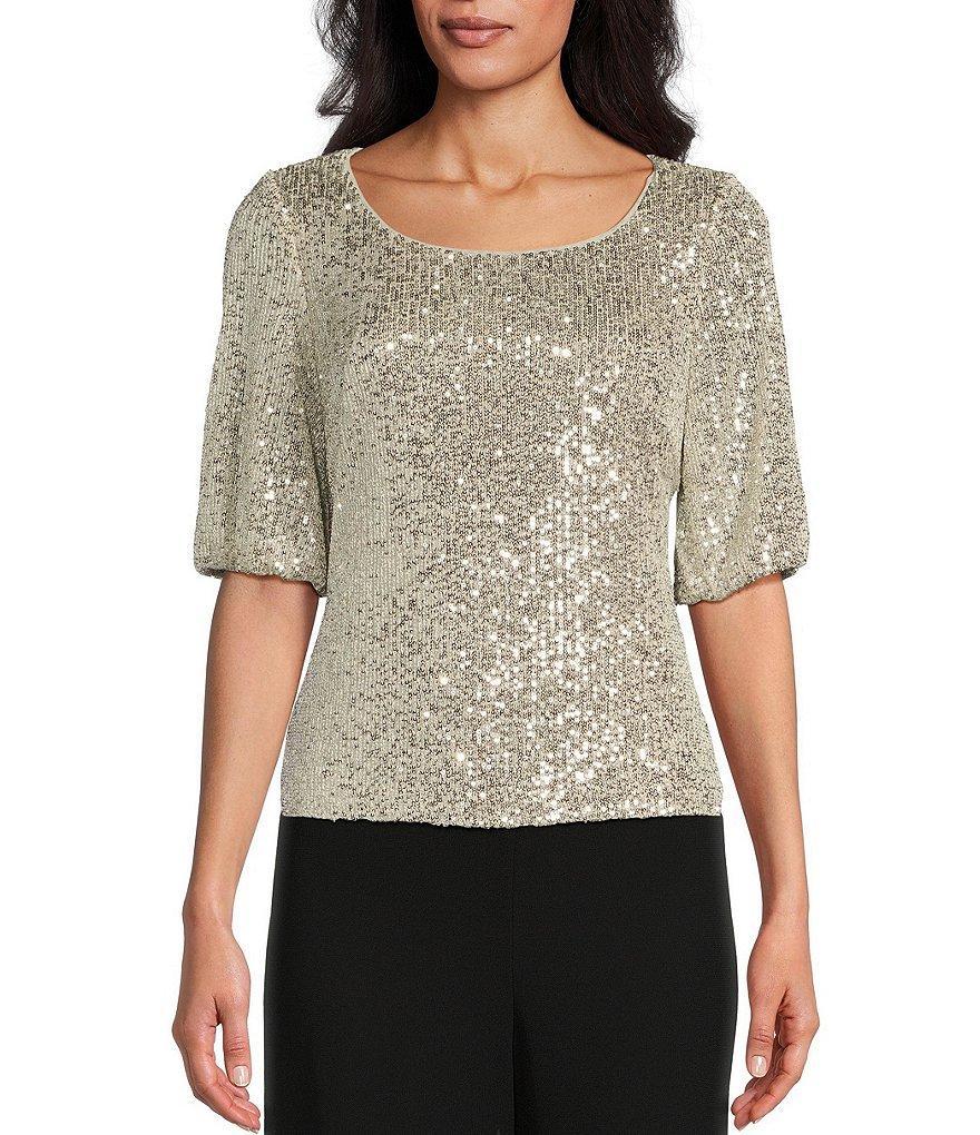 Alex Evenings Petite Size Elbow Sleeve Scoop Neck Sequin Blouse Product Image