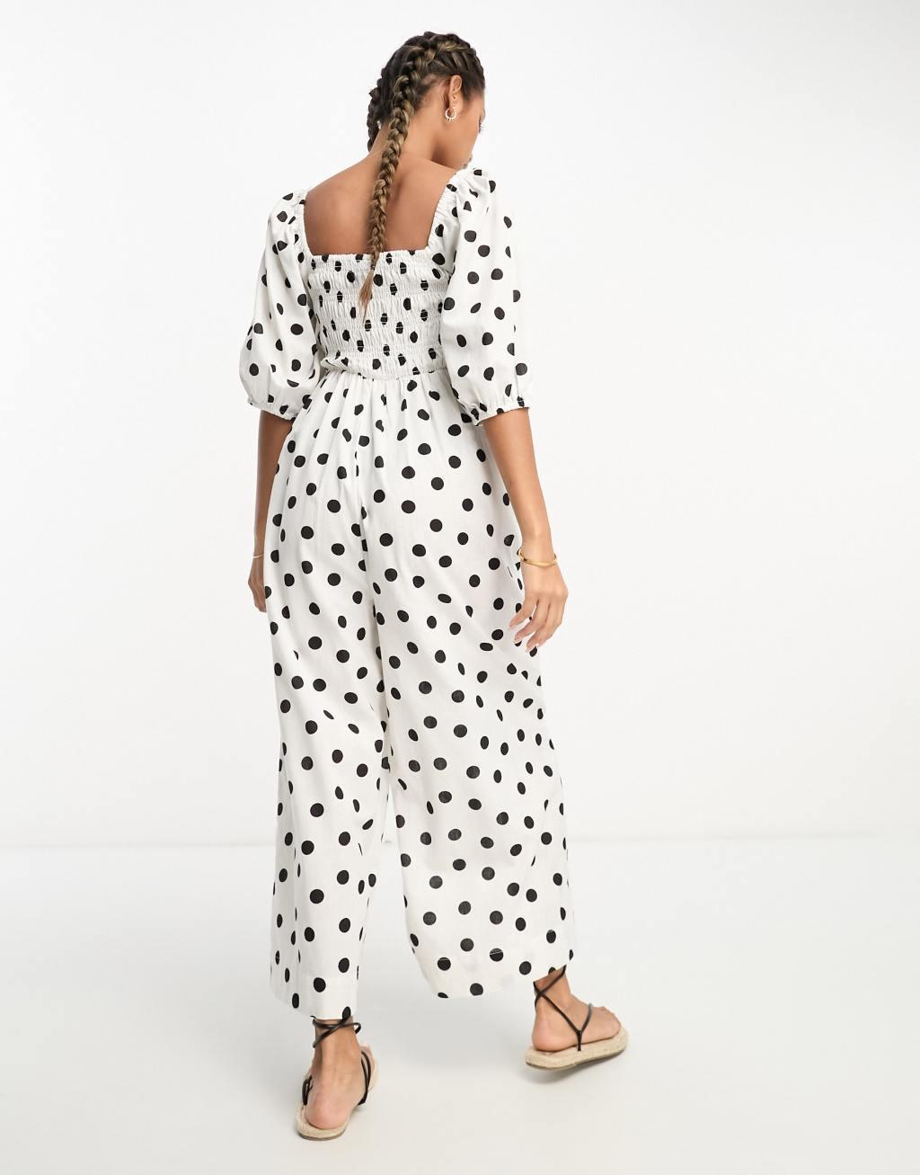 ASOS DESIGN linen look shirred bodice puff sleeve jumpsuit Product Image