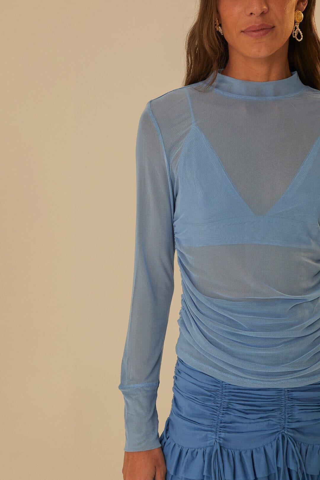 Blue Tulle Long Sleeved Blouse Product Image