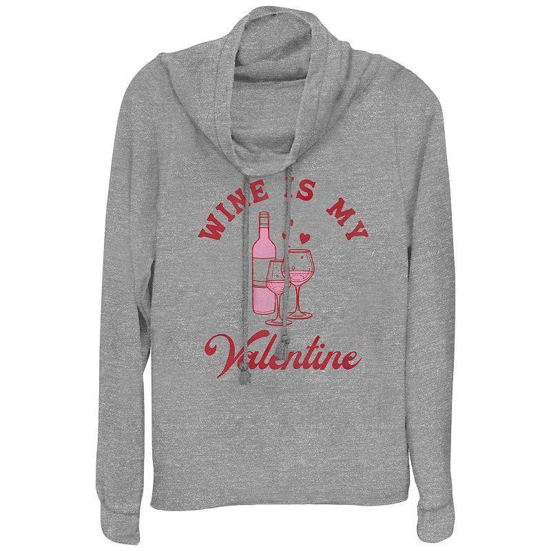 Womens Wine Is My Valentine Cowlneck Graphic Lightweight Long Sleeve Gray Grey Product Image