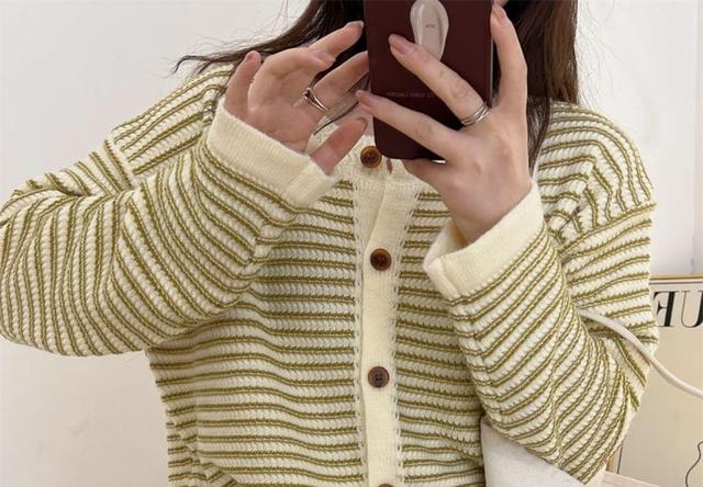 Round Neck Striped Cardigan Product Image