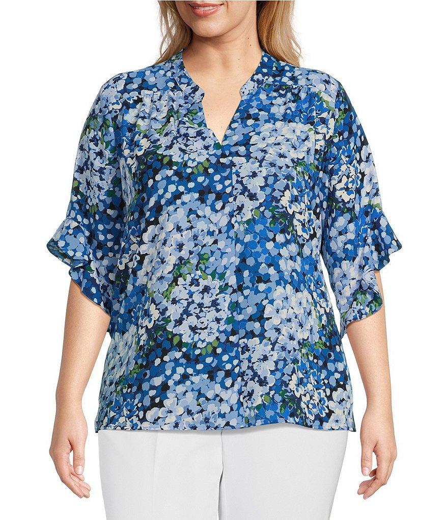 Investments Plus Size Laikyn Signature Upbeat Bloom Print V-Neck 3/4 Ruffled Sleeve Top Product Image