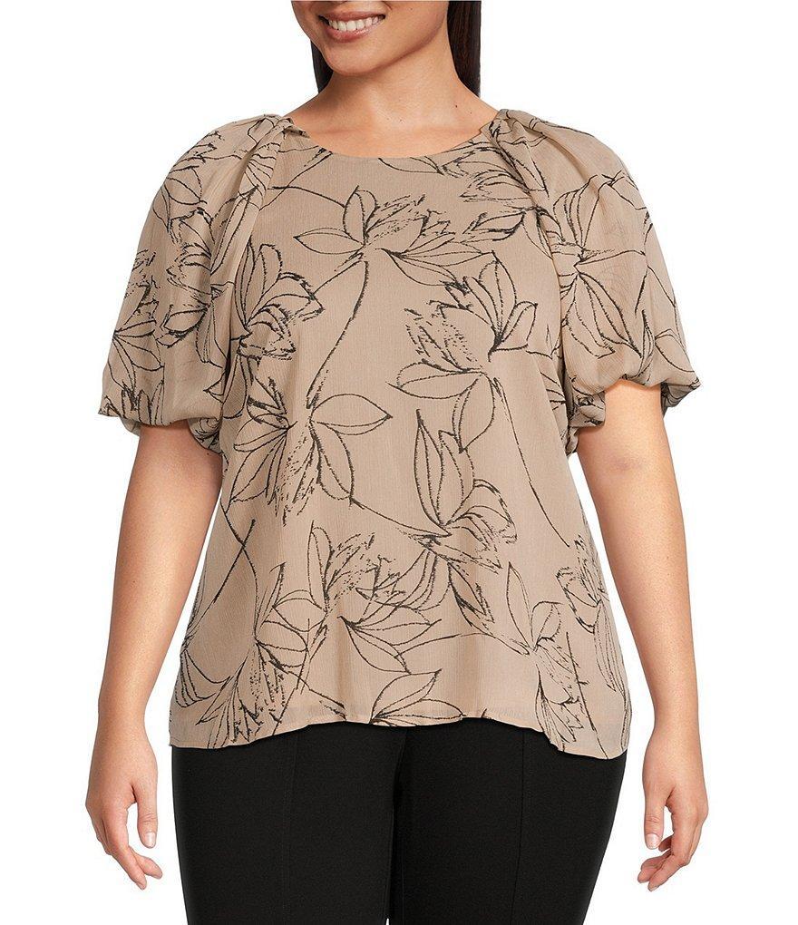 Calvin Klein Plus Size Floral Sketchy Floral Print Crinkle Woven Round Neck Pleated Bubble Raglans Sleeve Top Product Image