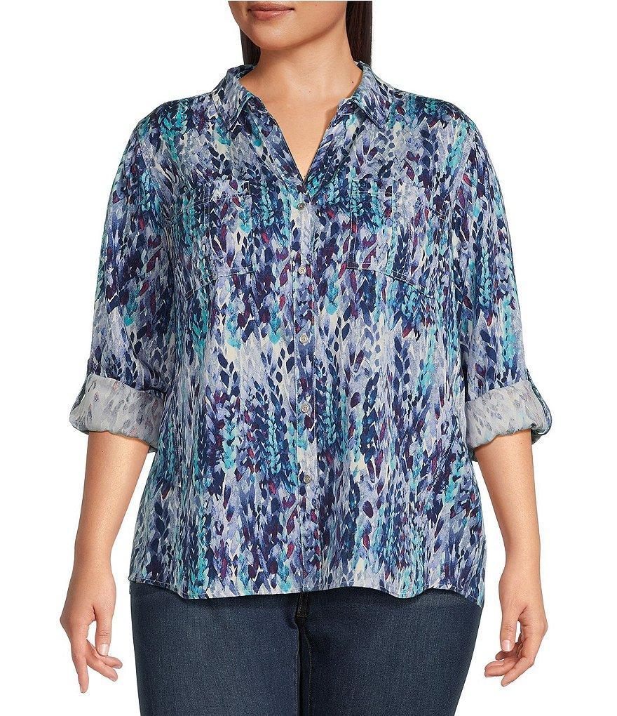 Westbound Plus Size Viney Petals Woven Point Collar Roll Tab Sleeve V-Neck Button Front Top Product Image