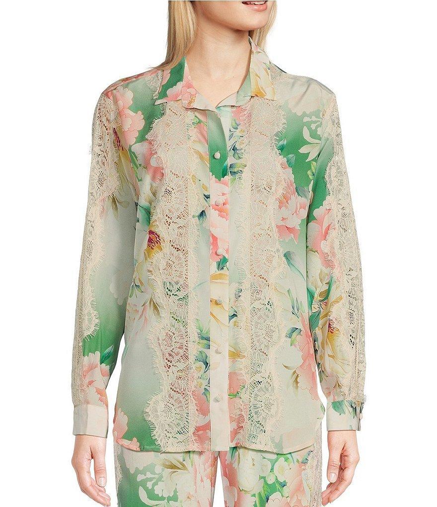 JOHNNY WAS Ruksana Lace Inset Detail Floral Print Silk Point Collar Long Sleeve Button-Front Coordinating Shirt Product Image