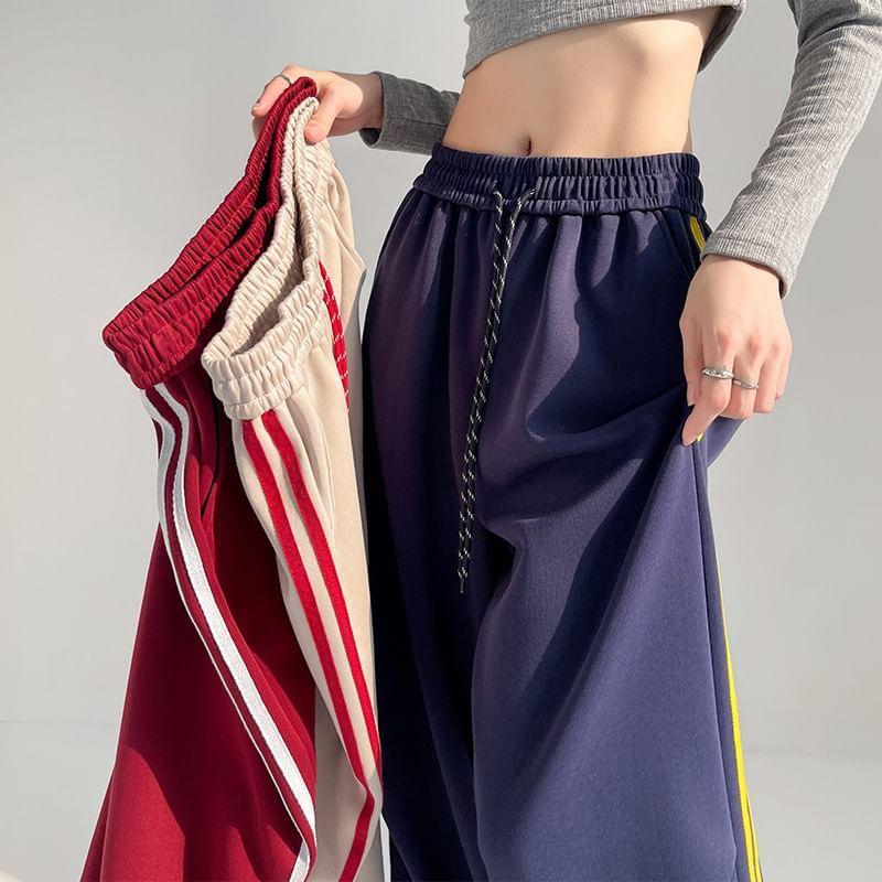 Drawstring Waist Striped Trim Wide Leg Sweatpants Product Image