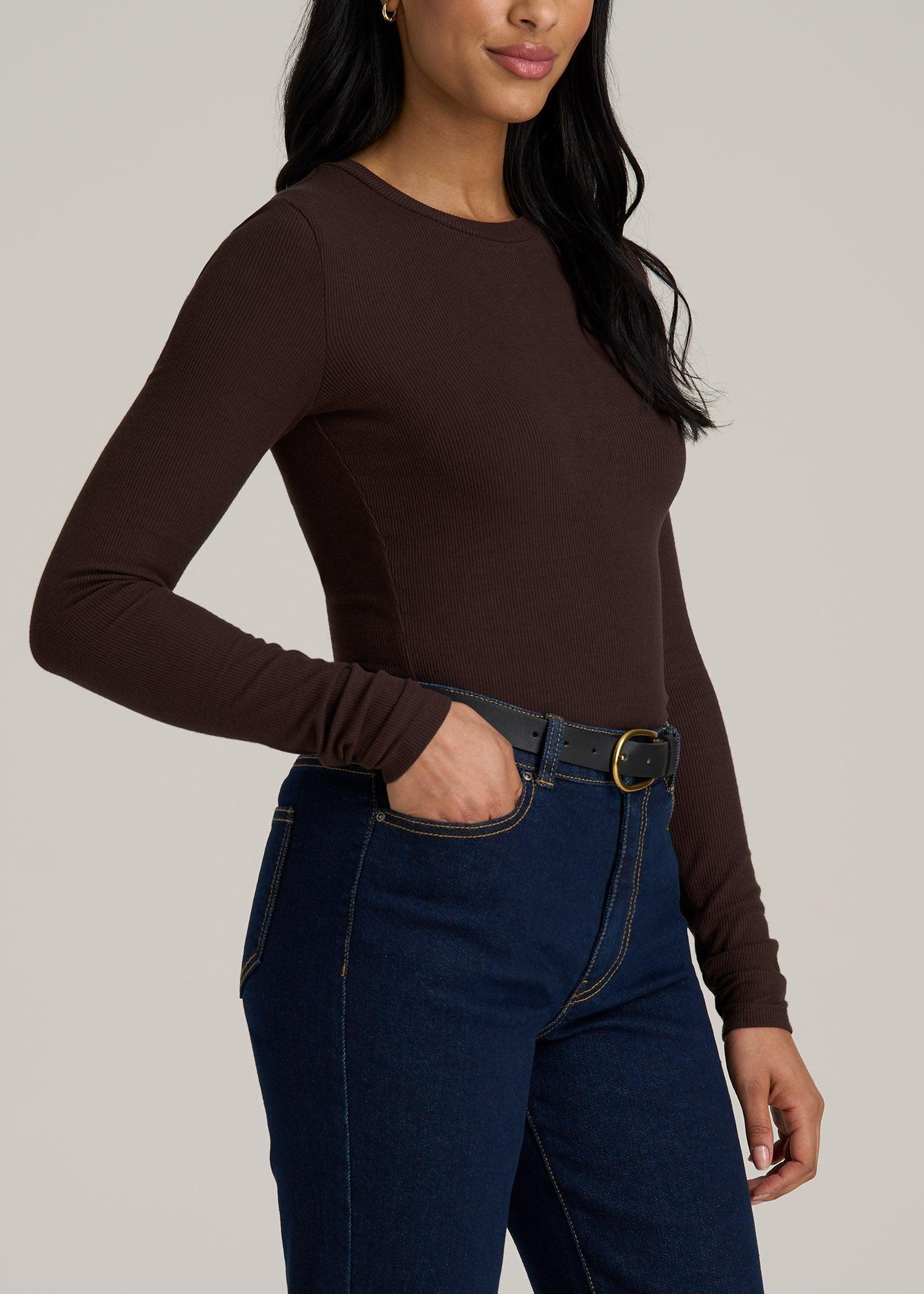 FITTED Ribbed Long Sleeve Tee in Espresso - Tall Women's Shirts product image