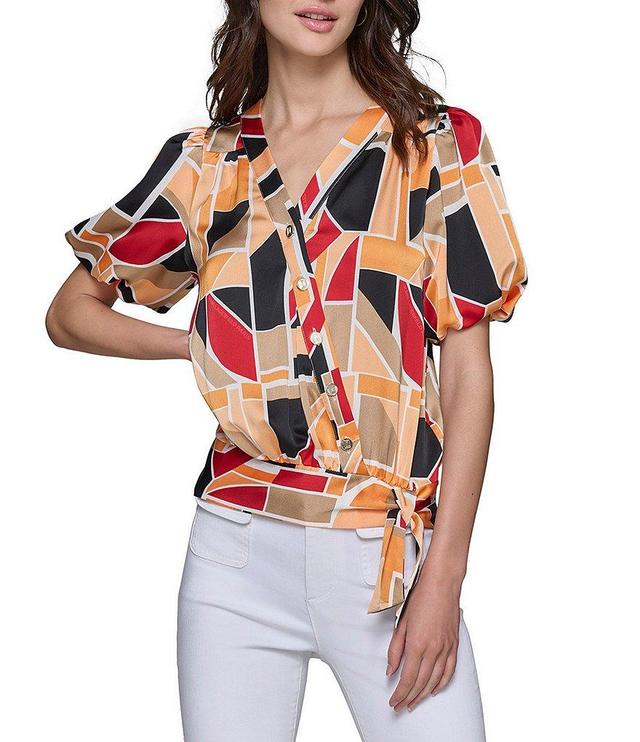 KARL LAGERFELD PARIS Woven Geo-Print Wrap Short Sleeve Top Product Image