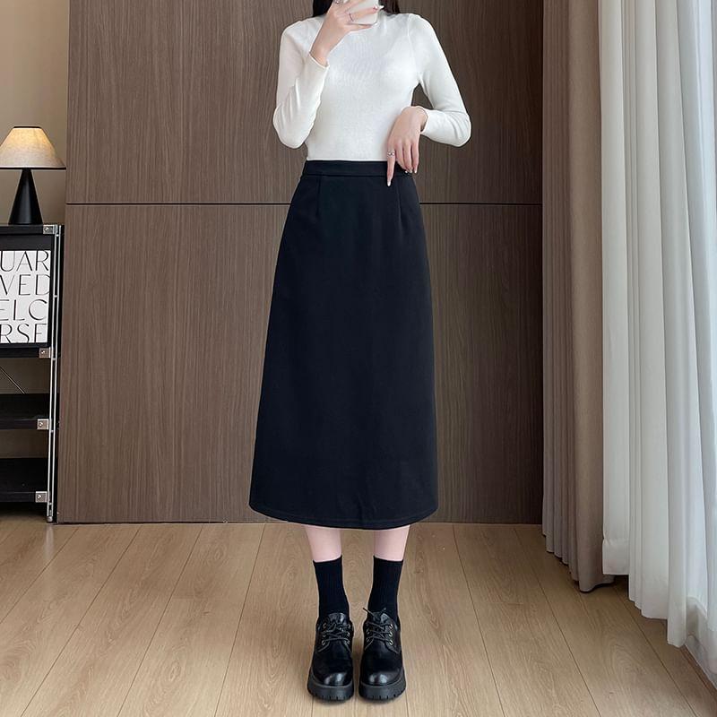 High Waist Plain Slit Midi A-Line Skirt Product Image