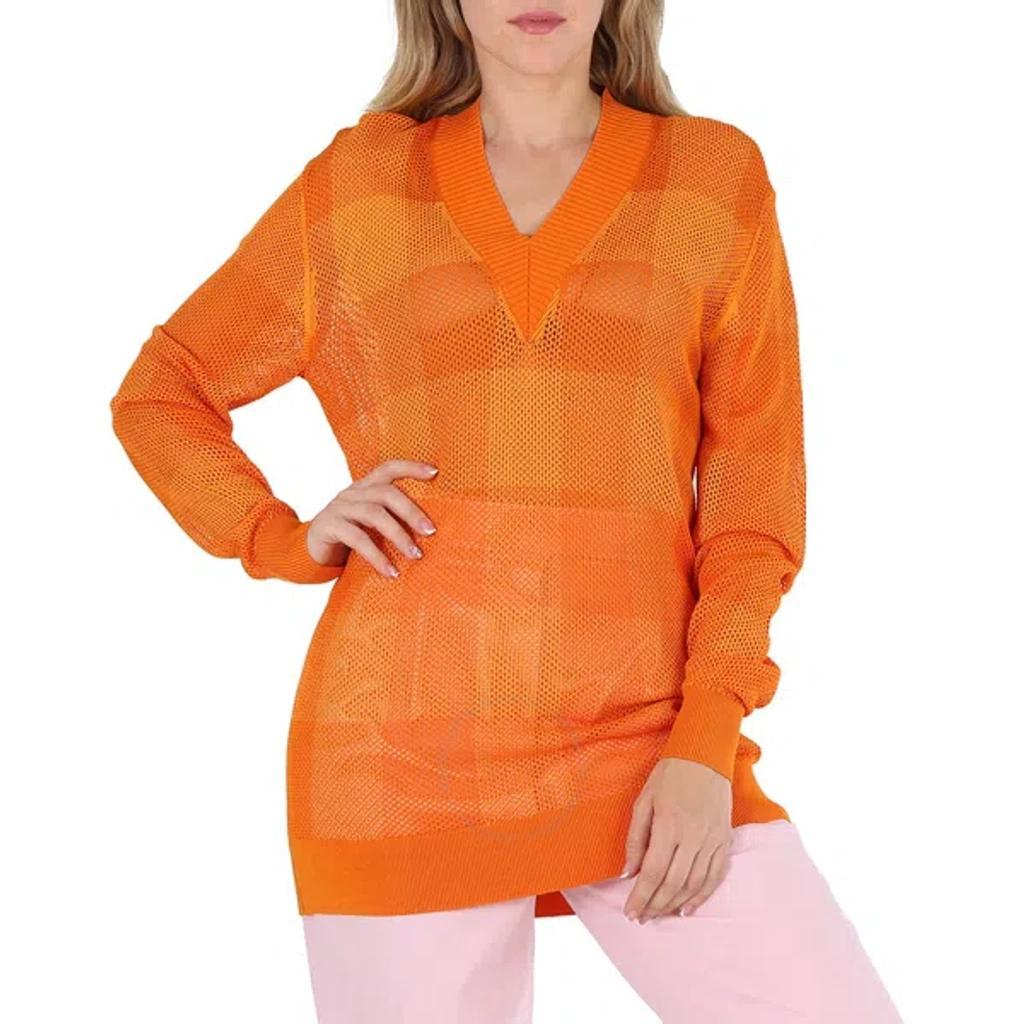 BURBERRY Ladies Deep Orange Zoie Check Mesh Lace V-neck Jumper Product Image