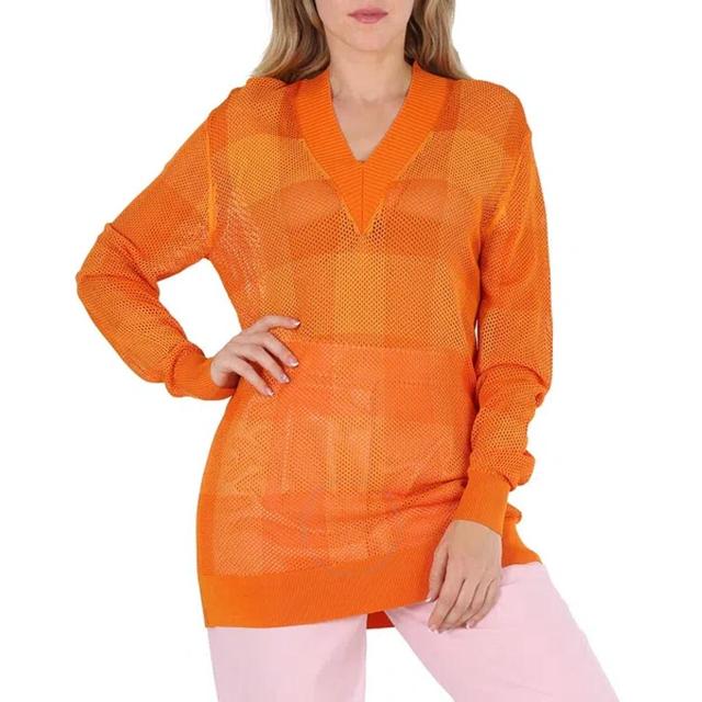 BURBERRY Ladies Deep Orange Zoie Check Mesh Lace V-neck Jumper Product Image