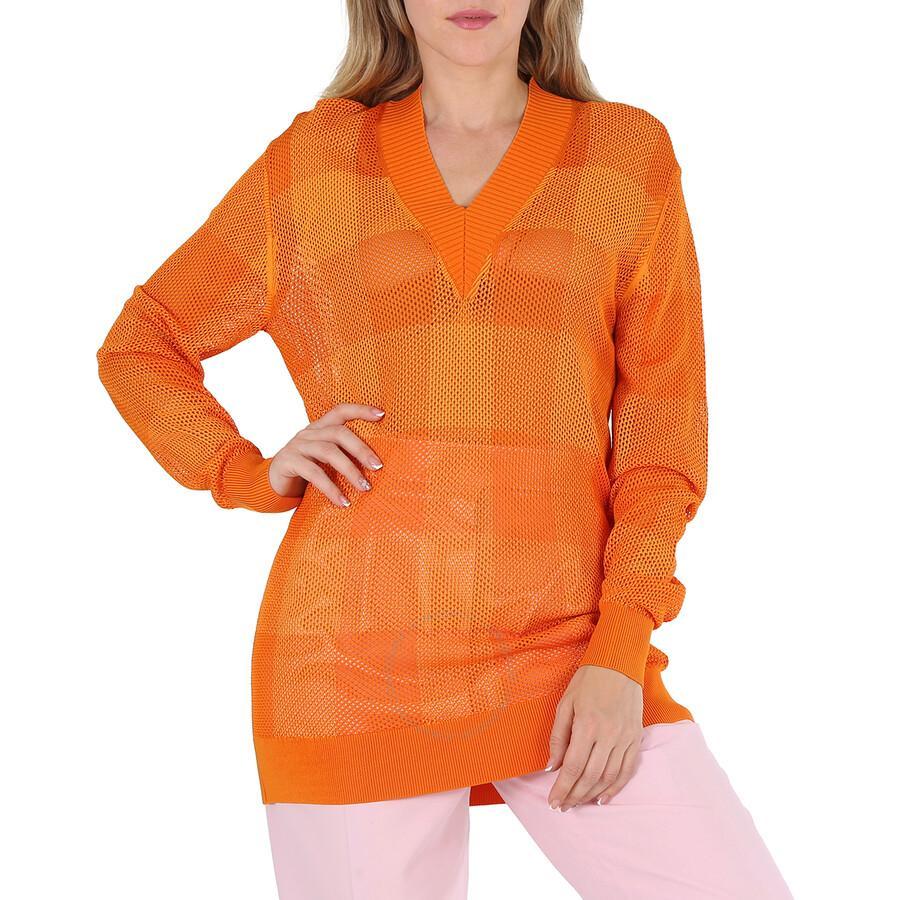 BURBERRY Ladies Deep Orange Zoie Check Mesh Lace V-neck Jumper Product Image