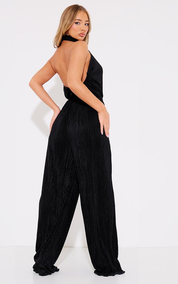 Black Plisse High Neck Scoop Back Wide Leg Jumpsuit Product Image