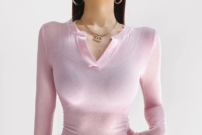 Long Sleeve V-Neck Plain Crop Tee Product Image