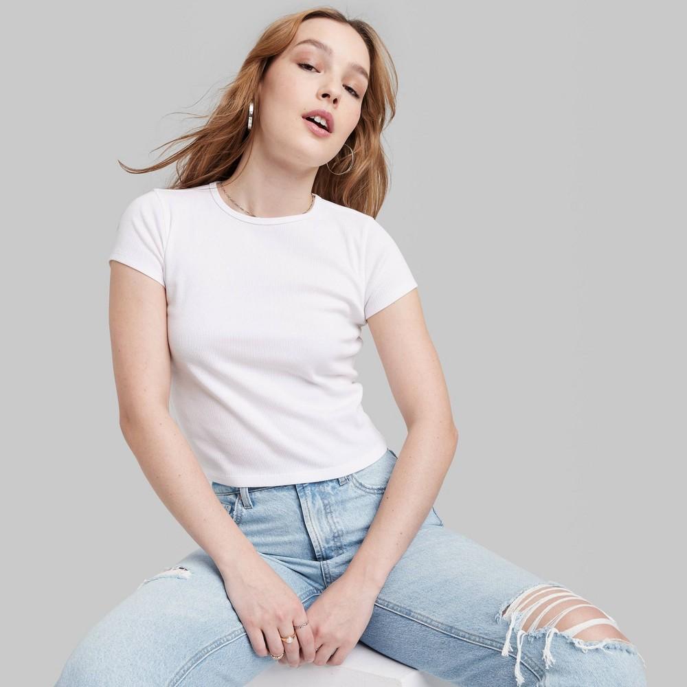 Womens Short Sleeve Ribbed Baby T-Shirt - Wild Fable White XS Product Image