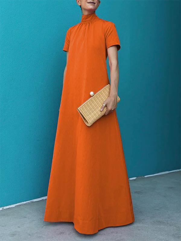 Loose Short Sleeves Solid Color High-Neck Maxi Dresses Product Image