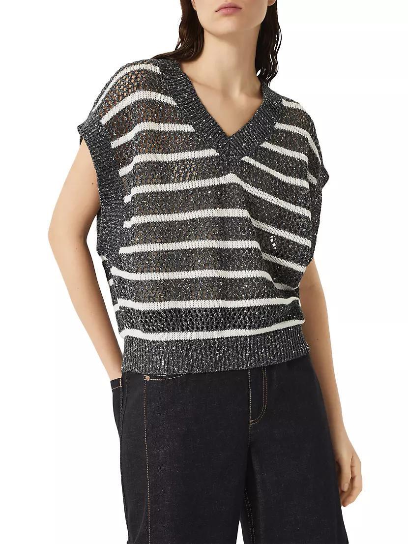 Dazzling Striped Net Knit T-Shirt in Linen Product Image