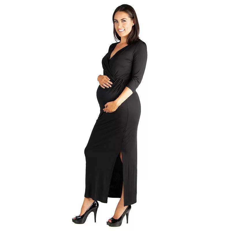 Maternity 24Seven Comfort Apparel Fitted V-Neck Side Slit Maxi Dress, Womens Product Image