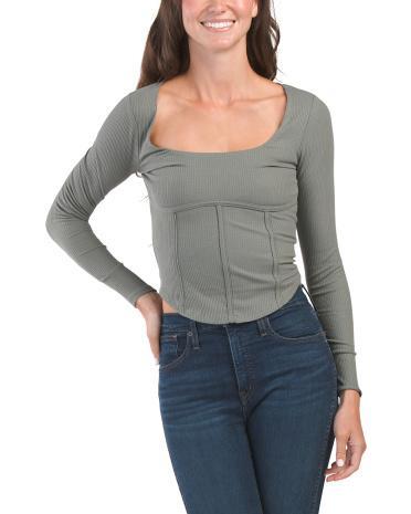 Long Sleeve Square Neck Top With Corset Taping for Women | Spandex/Cotton Product Image