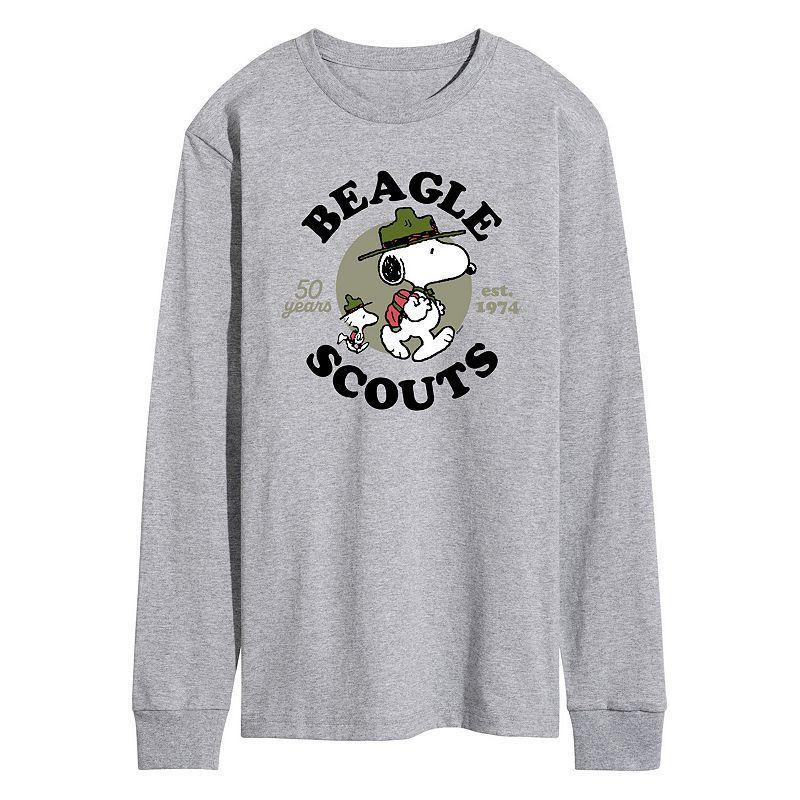 Mens Peanuts Beagle Scout Snoopy Woodstock Long Sleeve Graphic Tee Grey Gray Product Image